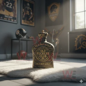 A gold detailed bottle sits on a white rug with football posters helmets and banners in the background!