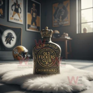 A gold themed bottle sits on a white rug with helmets posters and banners in the background!