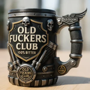 Black biker themed metal mug with embossed logo and skulls on wooden table.