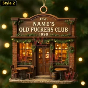 Old Fuckers Club Ornament 3 A miniature vintage club building ornament with glowing windows greenery and small outdoor tables hanging on a tree!