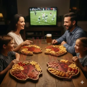 Ole Miss Rebels Heritage Platter Board 3 A family shares snacks from wooden platters with an Ole Miss design while a sports game plays on a television in the background!