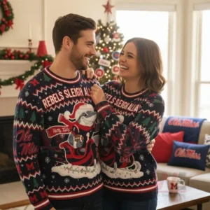 A happy couple in matching Christmas sweaters with a shark mascot, standing in front of a Christmas tree.