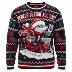A Christmas sweater with a shark mascot in a Santa hat and a football, with festive snowflakes and trees.