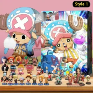 An image of a One Piece Style 1 advent calendar featuring Chopper artwork and collectible character figures placed in front of the decorated box!