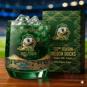 Oregon Ducks 132nd Anniversary Whiskey Glass 3 Green Oregon Ducks drink glass and anniversary box in a stadium setting!