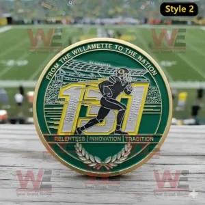 Oregon Ducks Football 131st anniversary coin with running player stadium background laurel wreath and engraved team mottos.
