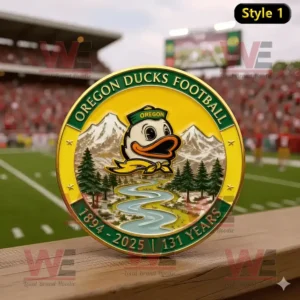 Oregon Ducks Football 131st anniversary coin with team mascot mountain forest and river landscape in green and gold finish.