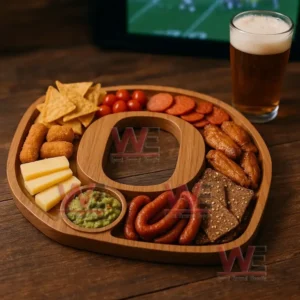 A wooden platter shaped like a large O filled with assorted snacks sits near a glass of beer with a sports game on a television!