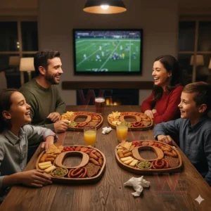 Oregon Ducks Heritage Platter Board 3 A family shares snacks from O shaped wooden platters while a sports game plays on a television in the background!