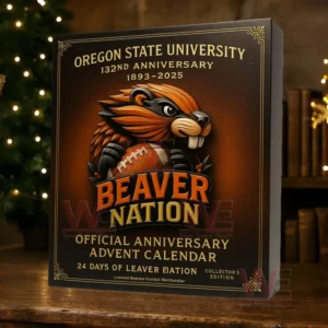Oregon State University 132nd Anniversary Beaver Nation Advent Calendar box with a beaver mascot and anniversary details on display.