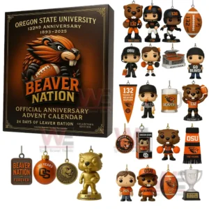 Collection of Oregon State University Beaver Nation anniversary figures and ornaments arranged beside the advent calendar box.