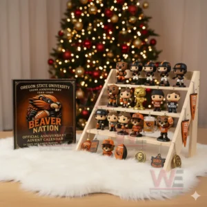 Oregon State University Beaver Nation 132nd anniversary collectible display with festive decorations and Christmas tree background.