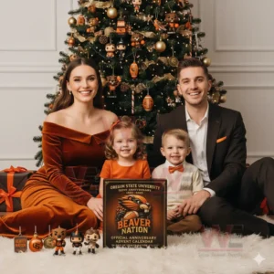 Family celebrating Christmas with Oregon State University Beaver Nation anniversary advent calendar and themed decorations in a warm festive setting.