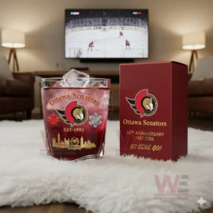 Red Ottawa Senators drink glass on white rug with hockey game on television!