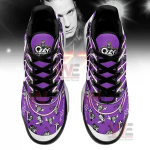 A top-down view of Ozzy Osbourne-themed sneakers with purple and black designs, featuring bats, skulls, and his signature.