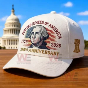 White cap with George Washington portrait and anniversary text placed near a domed government building!
