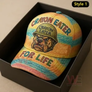 Colorful cap with bulldog artwork and bold lettering inside a black box.