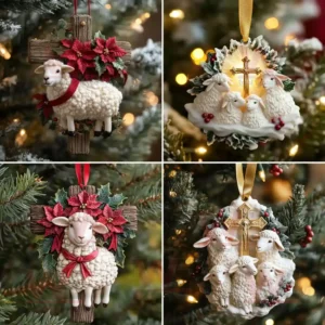 Christmas tree ornaments with white lambs red poinsettias and golden crosses symbolizing peace and faith!