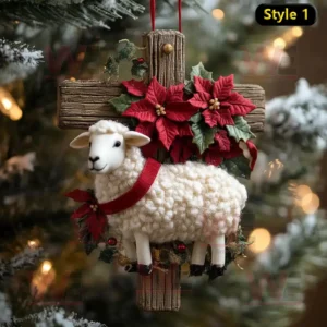 Peaceful Lamb Christmas Ornament 6 White lamb Christmas ornament with red poinsettias on a wooden cross hanging on a tree!