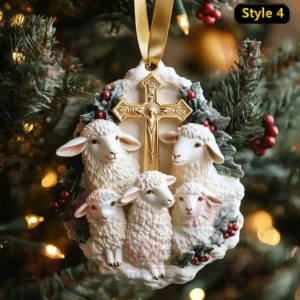 Peaceful Lamb Christmas Ornament 8 White lambs and golden cross Christmas ornament with holly decoration and warm light!