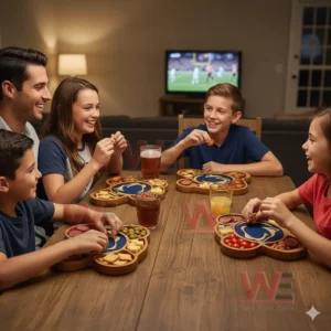 Penn State Nittany Lions Heritage Platter Board 3 A family shares snacks from wooden platters with a Penn State design while a sports game plays on a television in the background!