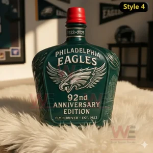 Philadelphia Eagles 92nd Anniversary Fly Forever Whiskey Bottle 6 An Eagles anniversary bottle with a red topper sits on a rug in a room filled with Eagles decorations.