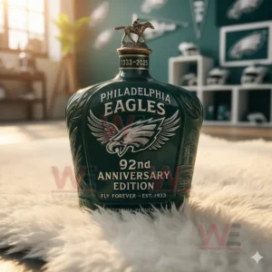 Philadelphia Eagles 92nd Anniversary Fly Forever Whiskey Bottle 7 An Eagles anniversary bottle with a horse topper stands on a rug in a room decorated with Eagles items.