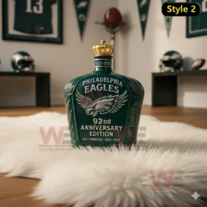 Philadelphia Eagles 92nd Anniversary Fly Forever Whiskey Bottle 8 An Eagles anniversary bottle with a crown topper sits on a rug in a room full of Eagles memorabilia.
