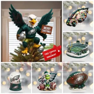 A Philadelphia Eagles Christmas decoration set with an eagle topper and themed ornaments featuring team colors and logo!