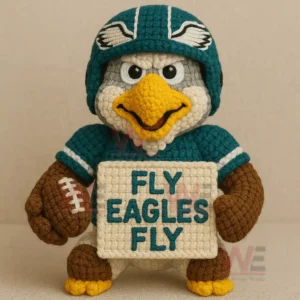 Crocheted eagle mascot in a teal helmet and jersey holding a stitched sign in front of its chest!