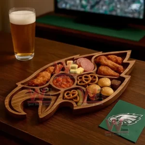 A wooden platter on a table filled with assorted snacks beside a drink with a game on the television!