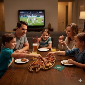 Philadelphia Eagles Heritage Platter Board 4 A family seated at a table enjoying shared snacks while a game is shown on the television!