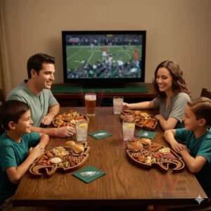 Philadelphia Eagles Heritage Platter Board 5 A family seated at a table eating snacks from wooden platters with a sports game on the television!