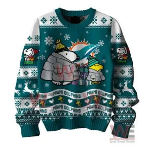 Philadelphia Eagles Premium NFL Peanuts Snoopy Ugly Sweater 3 Alt text: A close-up of a Miami Dolphins sweater with Snoopy and Woodstock characters, featuring festive designs and the team's logo.