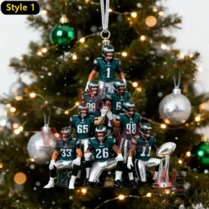 Pyramid shaped ornament of miniature football players hanging on a Christmas tree!