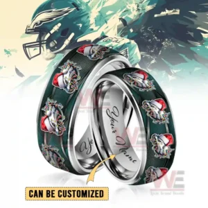 Silver ring with green band decorated with Christmas style football helmet icons and customizable interior engraving!