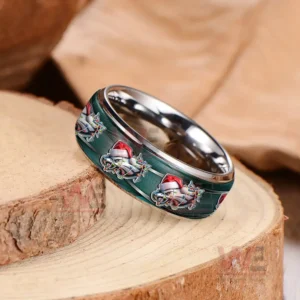 Philadelphia Eagles x Christmas Silver Tungsten Rings 6 Silver ring on wood displaying green band with repeating festive football helmet graphics!