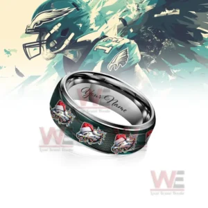Philadelphia Eagles x Christmas Silver Tungsten Rings 8 Customizable silver ring with green festive football helmet pattern displayed before an illustrated football player background!