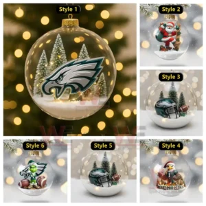 A collage of six Philadelphia Eagles Christmas ornaments each holding a snowy miniature scene inside a clear globe!