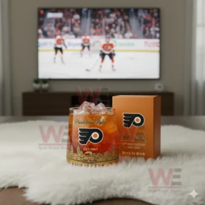 A Philadelphia Flyers anniversary whiskey glass with ice on a white rug in front of a television showing a hockey game.