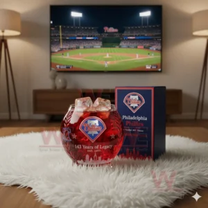 A Philadelphia Phillies anniversary whiskey glass with ice on a white rug in front of a television showing a baseball game.