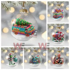A clear globe ornament holding a colorful van with a Christmas tree secured on top while snow surrounds the scene!