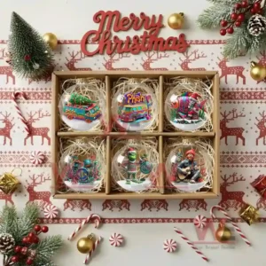 A gift box containing six clear globe ornaments each with a different colorful Phish themed Christmas design!