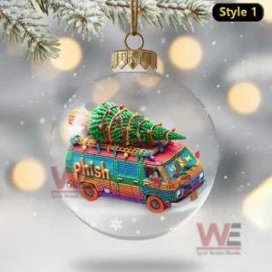 A clear ornament displaying a vividly colored van with a Christmas tree secured on top in a snowy scene!