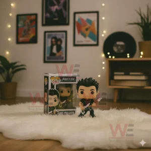 A Jaime Preciado vinyl figure with guitar displayed in a cozy music themed room.