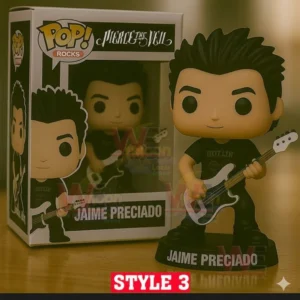 Pierce The Veil Pop Figure Vinyl 9 A close up of a Jaime Preciado vinyl figure with guitar beside its Pierce the Veil Style 3 box.