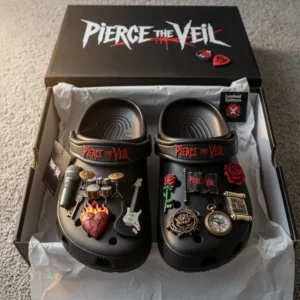 Pierce The Veil limited edition Crocs with rock themed charms inside box.