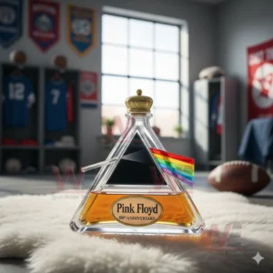 A triangular Pink Floyd sixtieth anniversary bottle with a prism and rainbow beam sits on a white rug in a sports themed room!