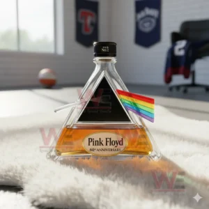 A triangular Pink Floyd bottle with a prism design and rainbow beam sits on a white rug in a bright room!