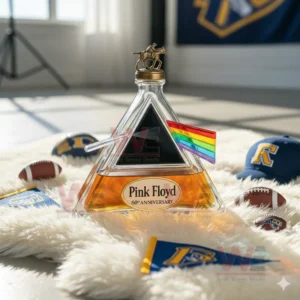 A prism themed Pink Floyd bottle with a horse rider cap sits on a rug among sports items!